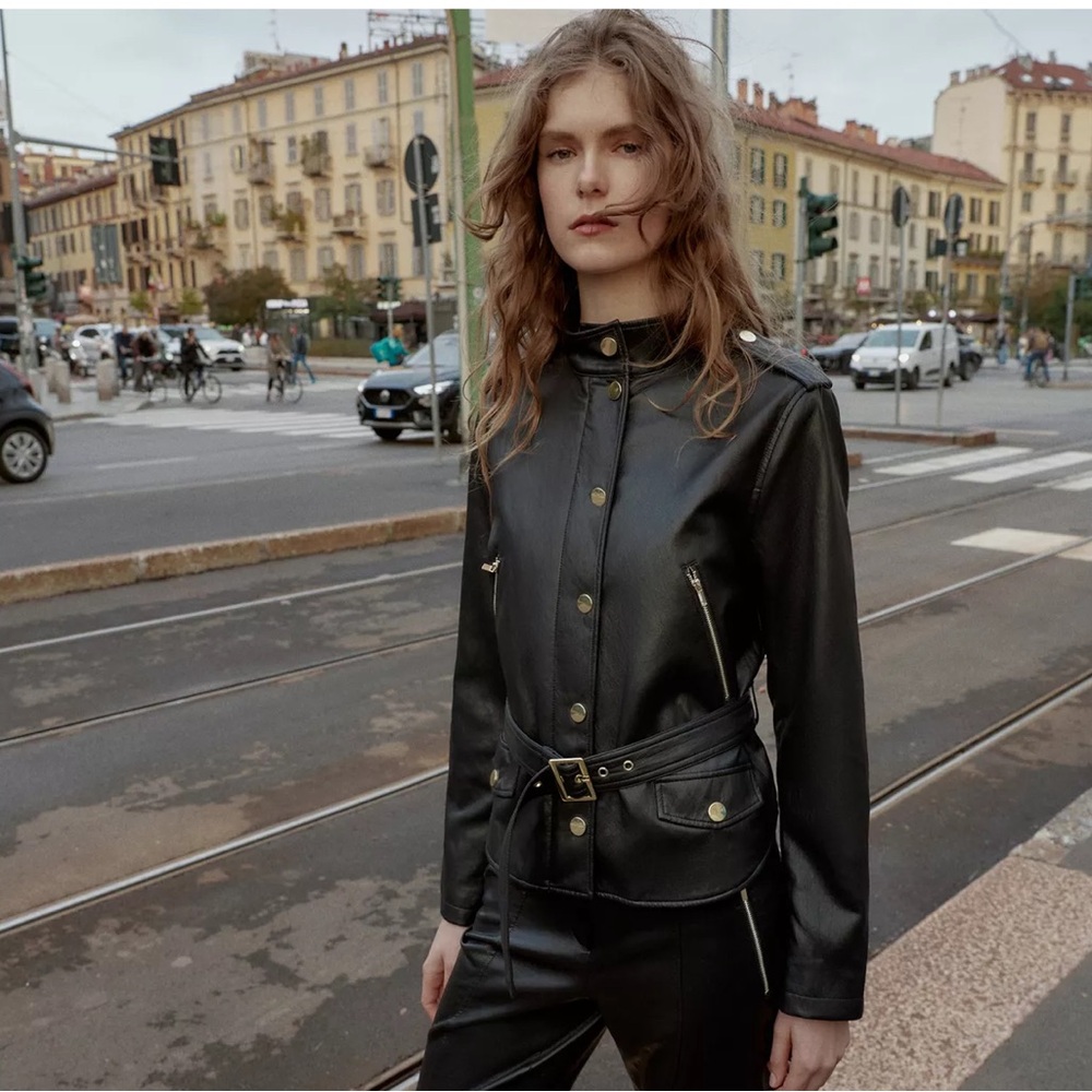 NWT ZARA BLACK FAUX LEATHER BELTED JACKET / SHIRT S